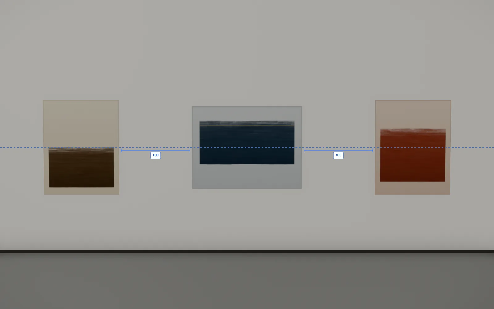 Three works on the far wall, on one centre line at 155 cm, the gaps between them measured at 100 cm.