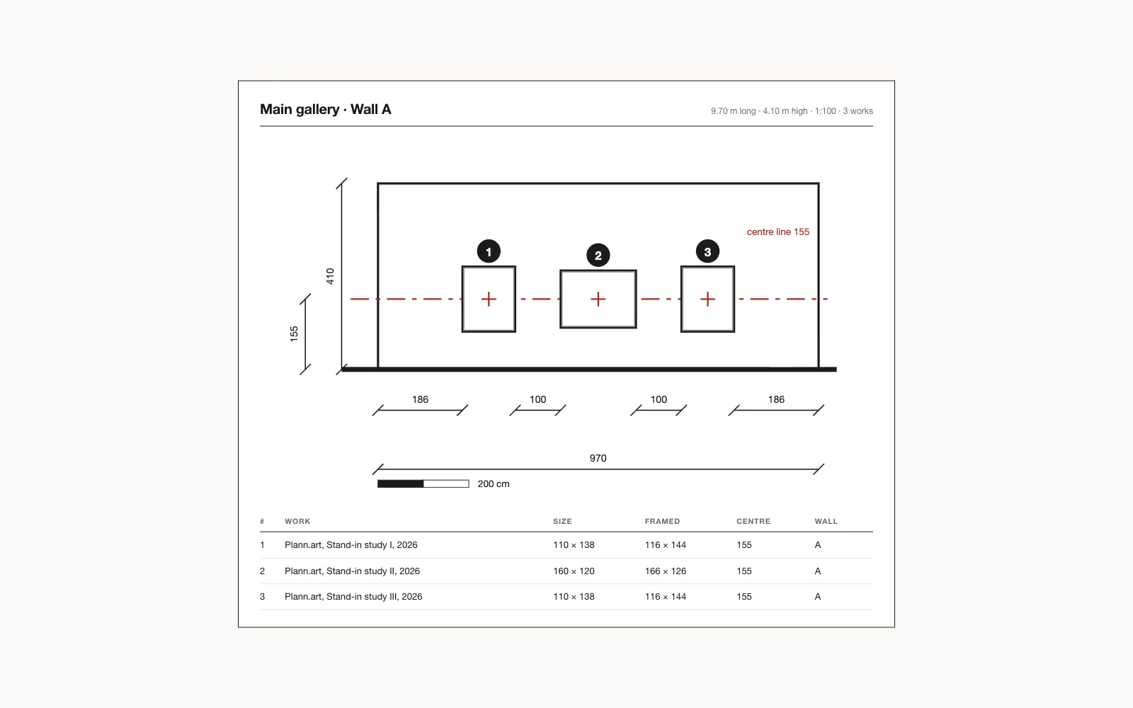 The wall's sheet: its elevation, and under it the checklist of the three works with their sizes, framed sizes, centre line and wall.
