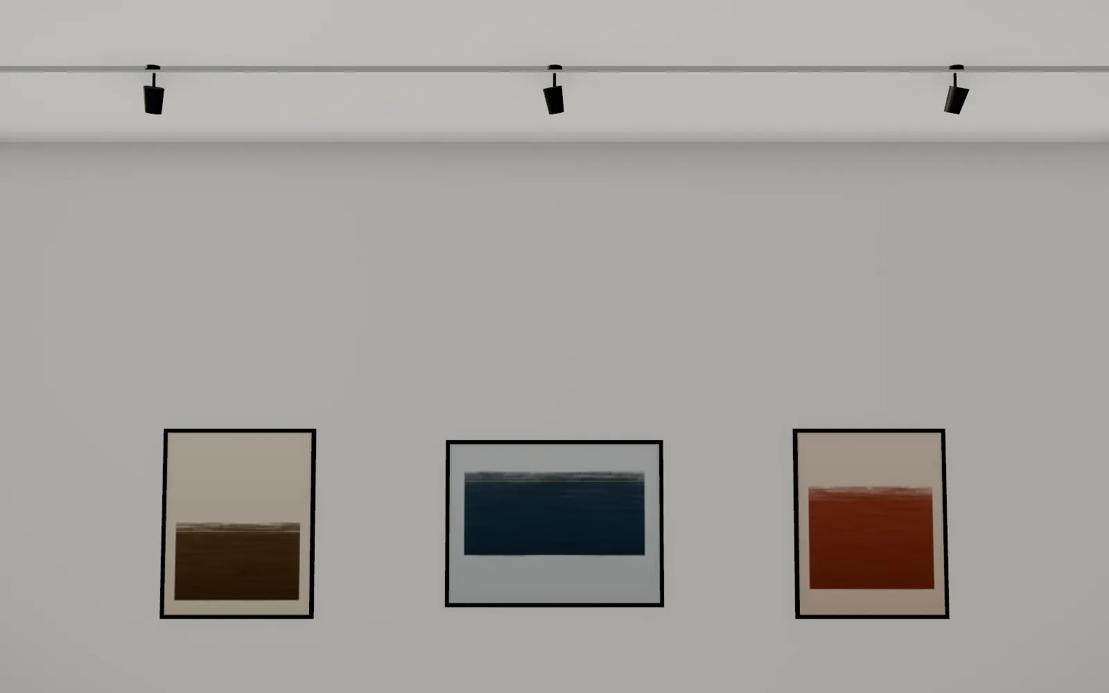 A lighting track drawn along the ceiling in front of the wall, with a spot on it for each work.